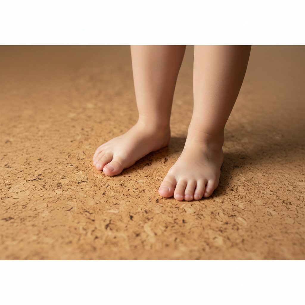 Bye, bye Ammenmärchen. Kork ist nicht nur für Allergiker geeignet. Hausbau Helden Korkfußboden auf dem zwei Kinderfüße stehen