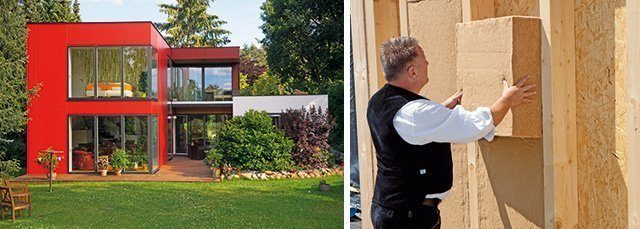 Mit der Holzfaserdämmung „Kronoply flex“ ist das „Max-Haus Design S“gedämmt: die diffusionsoffenen Außenwände weisen dadurch einen sehr guten U-Wert von 0,15 W/m2K auf. (Max-Haus/Kronoply)
