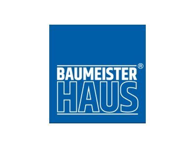 Logo des Hausherstellers Baumeister Haus, der Hintergrund ist blau, die Schrift ist weiß