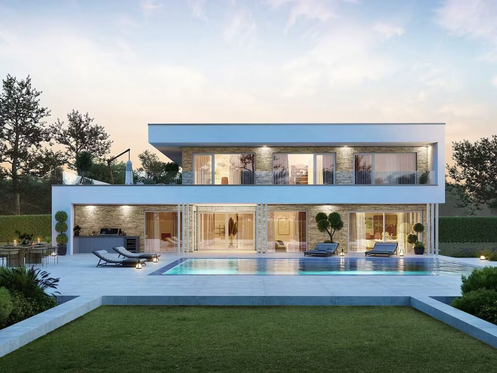 Hier sehen Sie eine moderne Flachdachvilla mit überdachter Terrasse und einem Pool inmitten eines Gartens mit grüner Wiese.