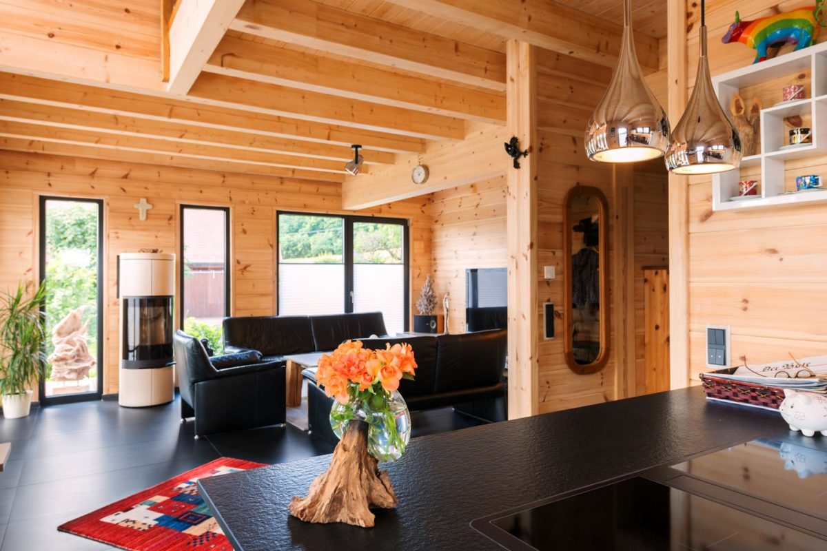 Haus auf der Röth - Ein Wohnzimmer mit Möbeln und einem Kamin - Holzhaus