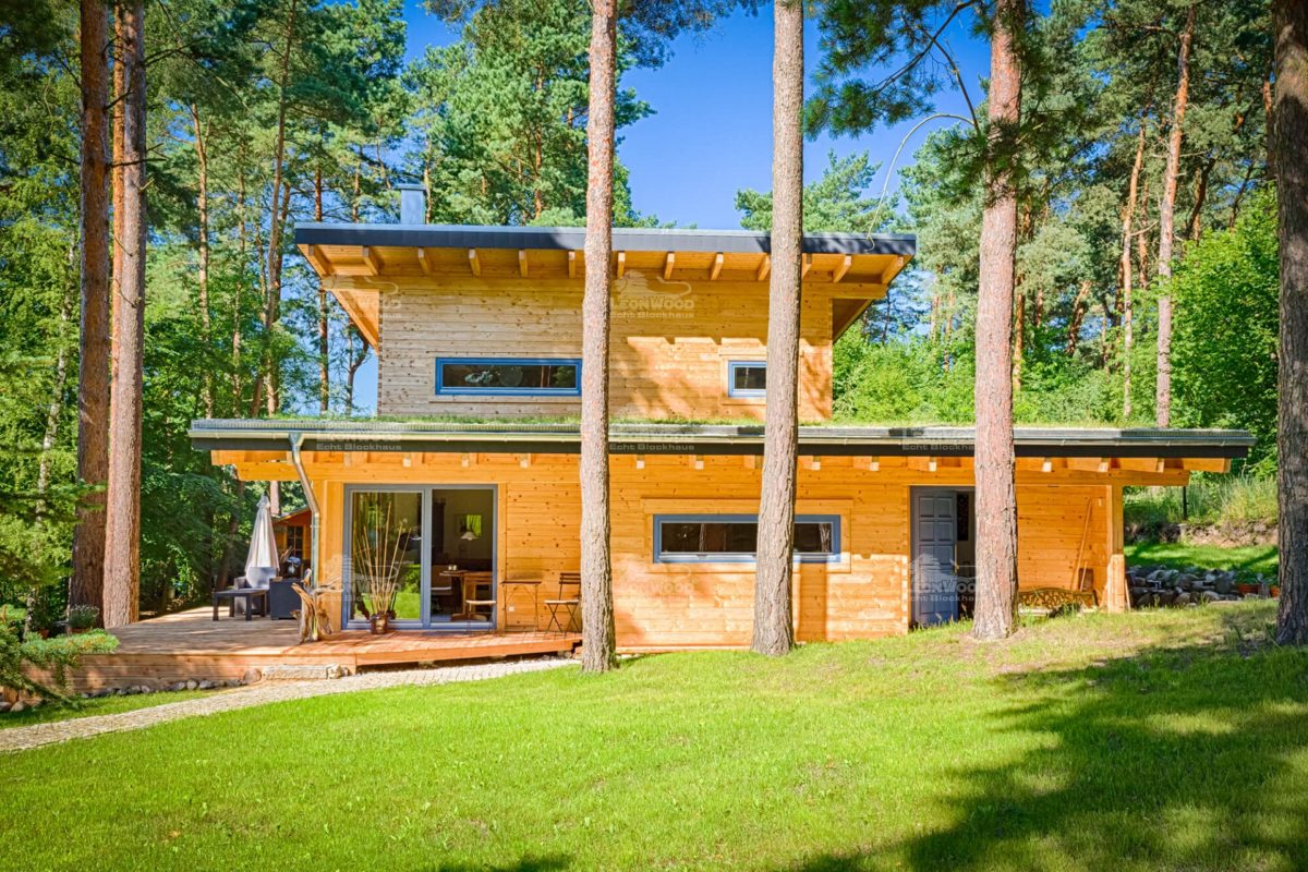 Blockhaus Kalevala - Ein großes Backsteingebäude mit Gras vor einem Haus - Holzhaus