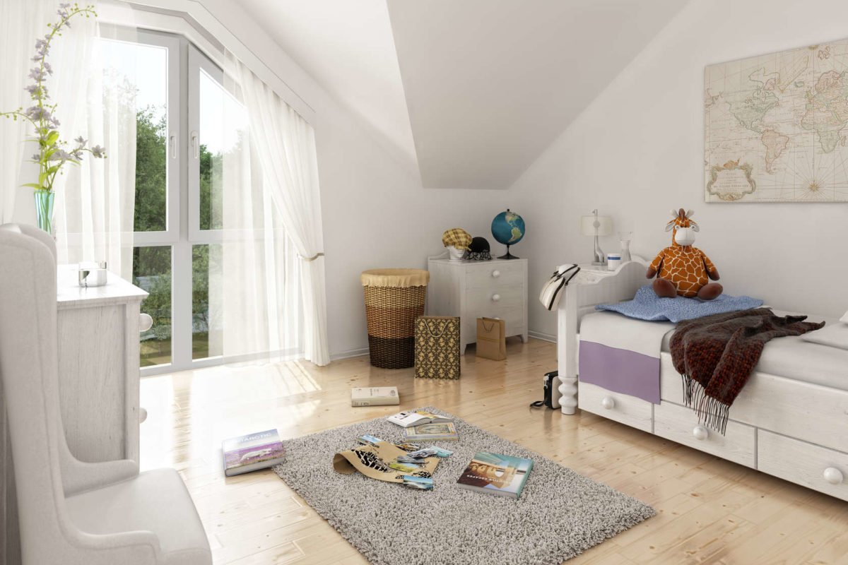 Komfort - Ein Wohnzimmer mit einem Bett und einem Spiegel - Haus