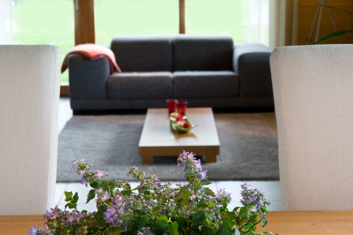 Holzhaus Barkhof - Ein Wohnzimmer mit Möbeln und Blumenvase auf einem Tisch - Wohnzimmer