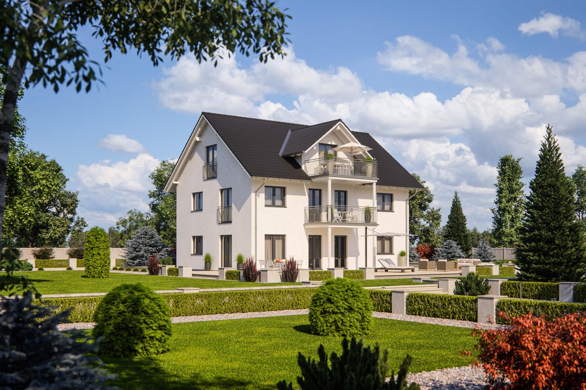 Automatisch gespeicherter Entwurf - Ein haus mit büschen vor einem gebäude - Mehrfamilienhaus