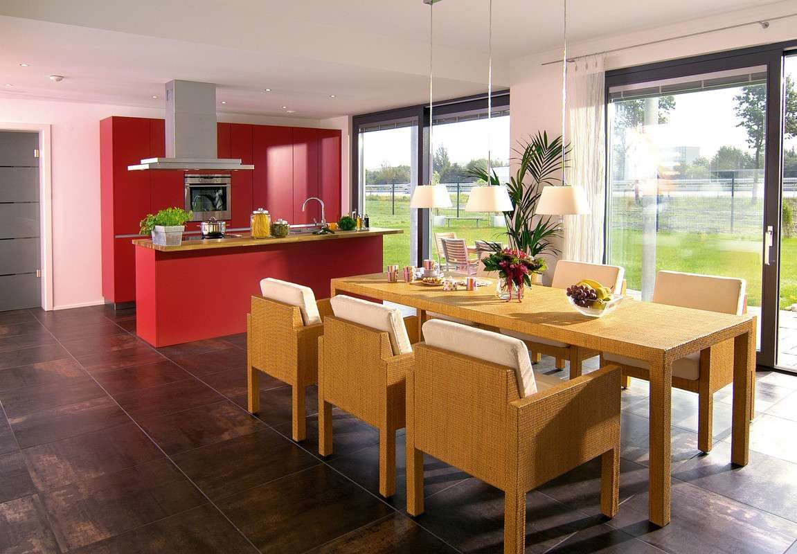 Modernes Z-Dach - Ein Raum voller Möbel und Blumenvasen auf einer Küchentheke - SchworerHaus KG