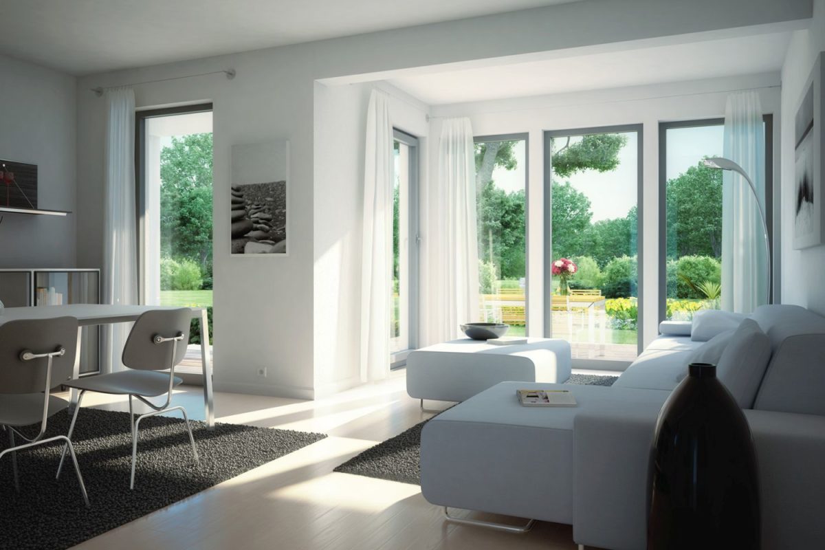 Automatisch gespeicherter Entwurf - Eine Ansicht eines mit Möbeln gefüllten Wohnzimmers und eines großen Fensters - Haus