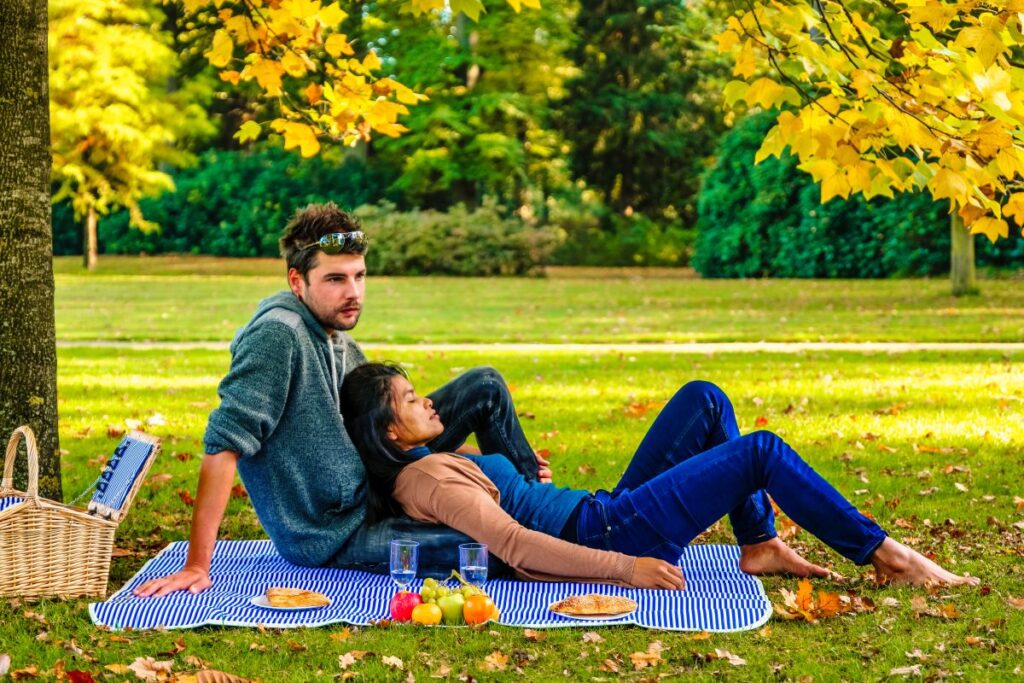 Herbst in den Niederlanden im Veluwe-Nationalpark, ein paar Männer und Frauen picknicken während der Herbstsaison unter einem Baum mit orangegelben Blättern in den Niederlanden an einem sonnigen Tag im Oktober