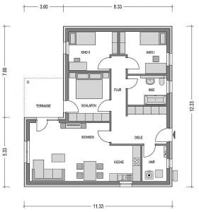Grundriss eines Bungalows mit einem großen Wohn-/Essbereich, einem Elternschlafzimmer und zwei Kinderzimmern und einem Badezimmer mit separater Toilette.