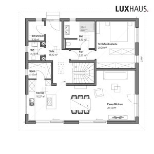 Luxhaus Bungalow Grundriss mit großem Wohn- und Essbereich und einem Schlafzimmer mit angrenzendem Badezimmer