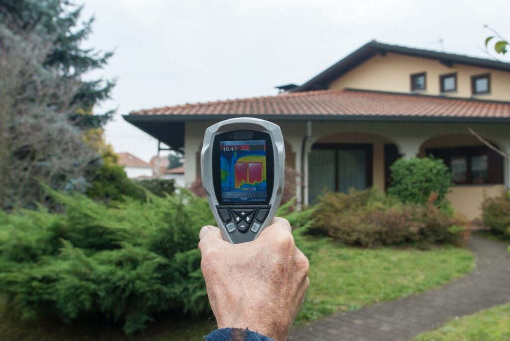 Wärmepumpe nachrüsten: Die wichtigsten Praxisschritte und Optionen im Portrait Hausbau Helden Analyse des Wärmeverlusts von außen in einer Villa mit einer Wärmebildkamera in der Hand