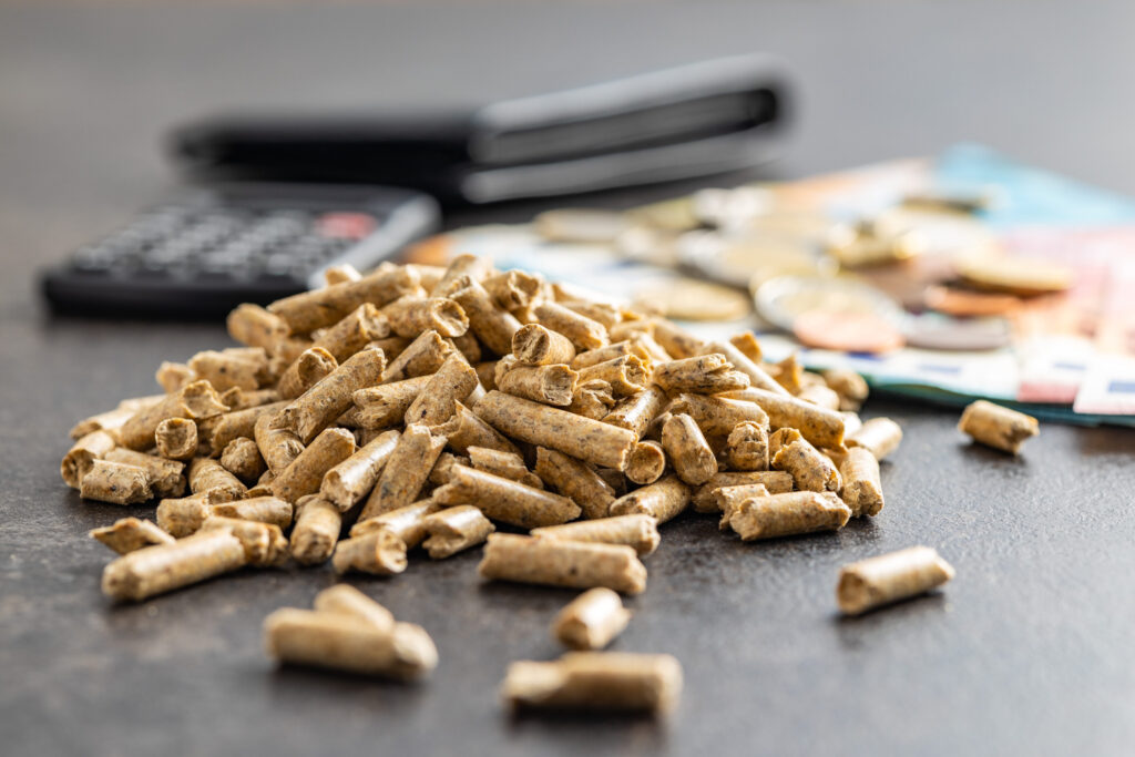 Welche Heizsysteme lohnen sich beim Neubau langfristig? Hausbau Helden Holzpellets neben Münzen und Scheinen und einem Taschenrechner liegen auf einer Fläche.