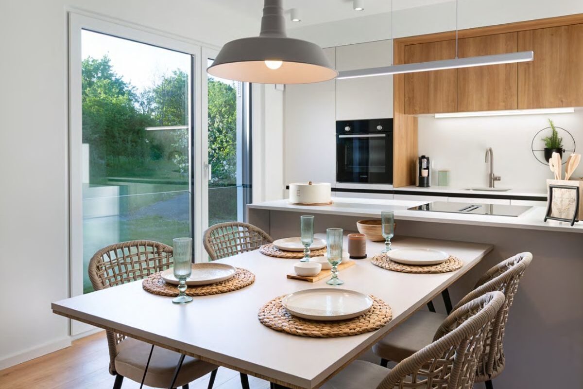 Essbereich und Küche mit bodentiefem Fenster